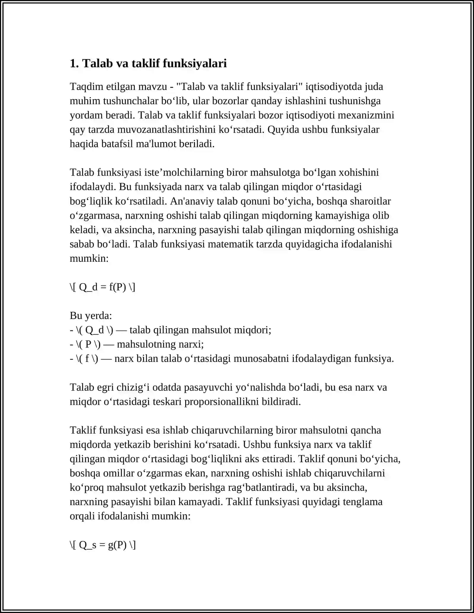 Talab va taklif funksiyalari 3