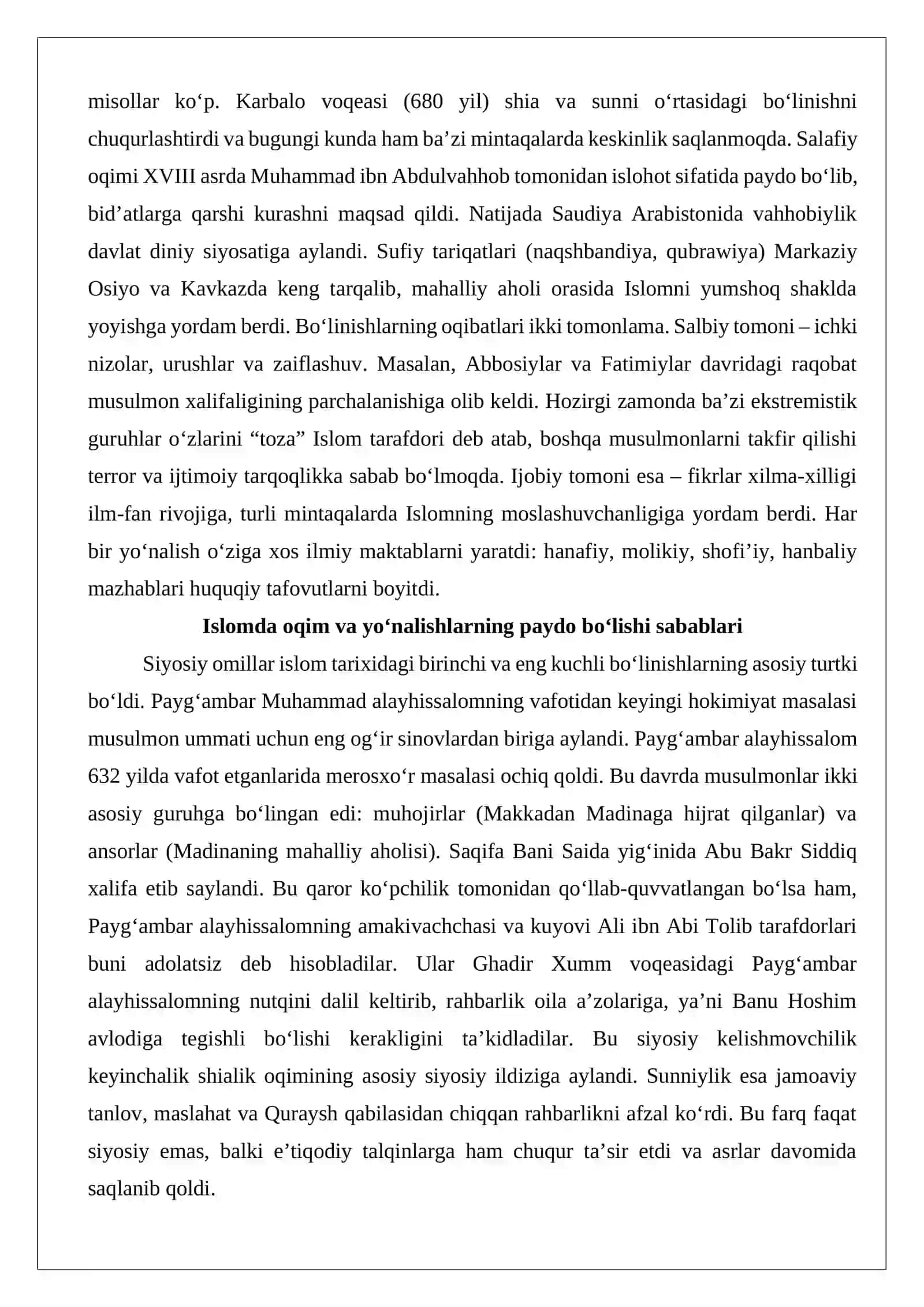 Islom oqimlari va yo‘nalishlarining paydo bo‘lishi sabablari, eʼtiqodidagi bo‘linishlarning sabablari va oqibatlari 3