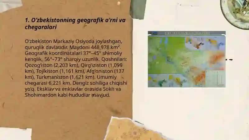 Oʻzbekistonning geografik órni.Tabiiy sharoitlari va mineral resurslari Qahramonova Yulduz 3