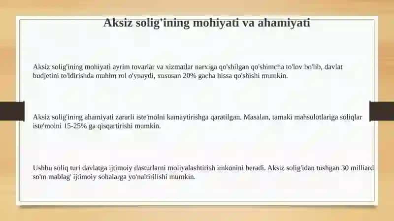 Aksiz solig'ining mohiyati, hisobi va unitalarining takomillashishi 3