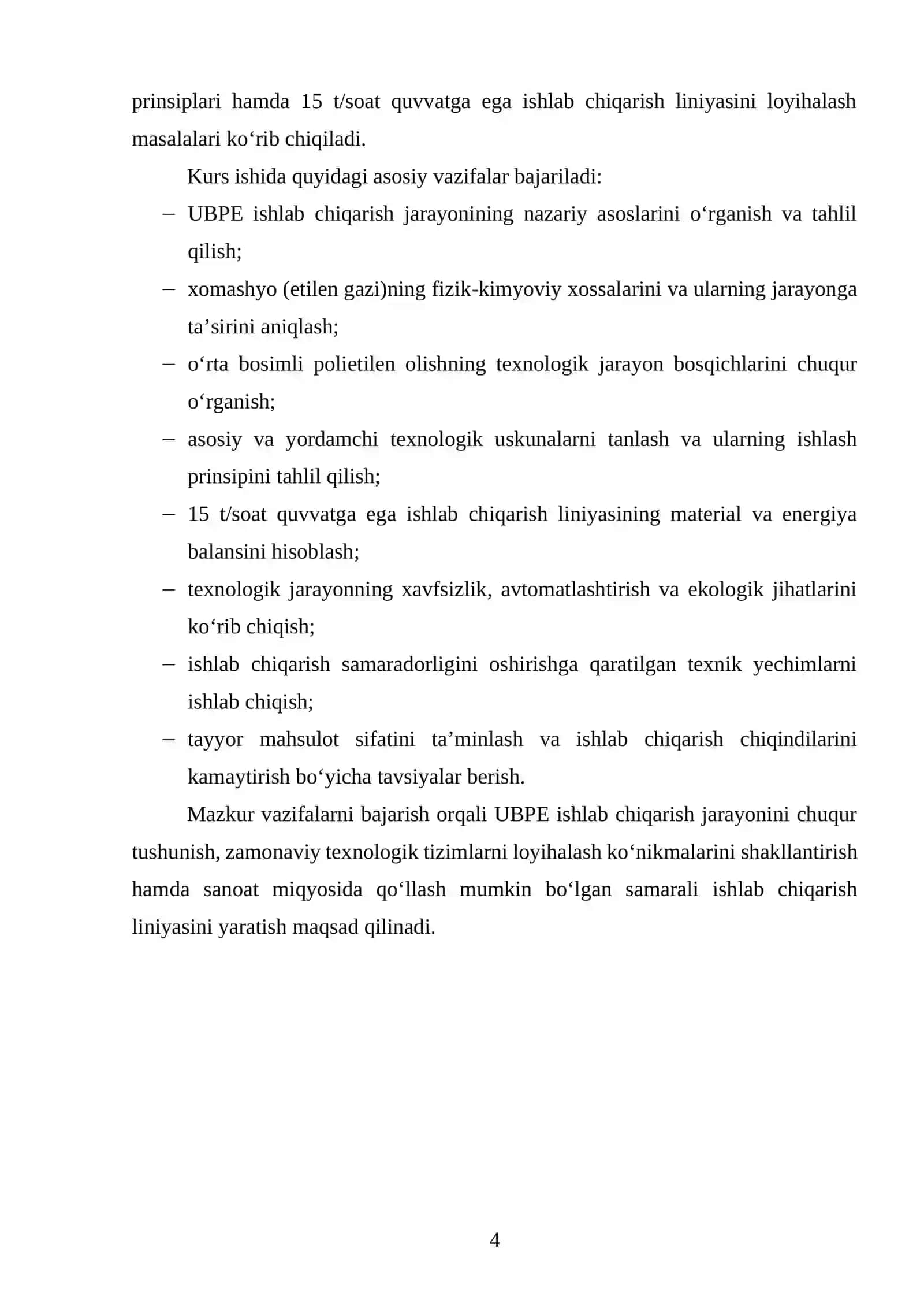 Ish unumdorligini 15 t/soat boʻlgan oʻrta bosimli polietilen (UBPE) ishlab chiqarish liniyasi loyihalash 3
