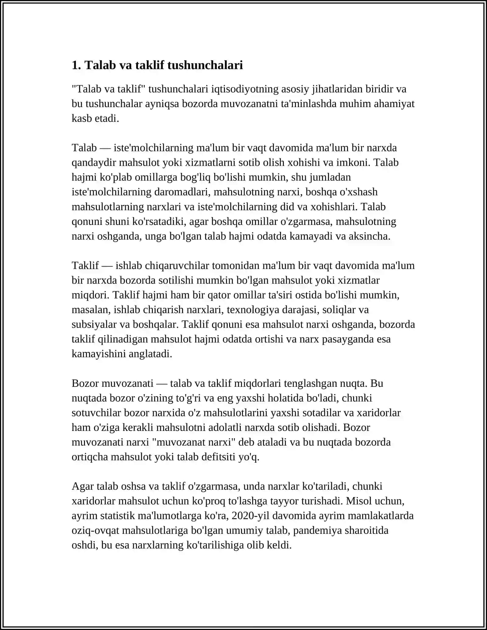 Talab va Taklifning O'zaro Bog'liqligi Bazor Muvaqanati va Uning Turlari 3