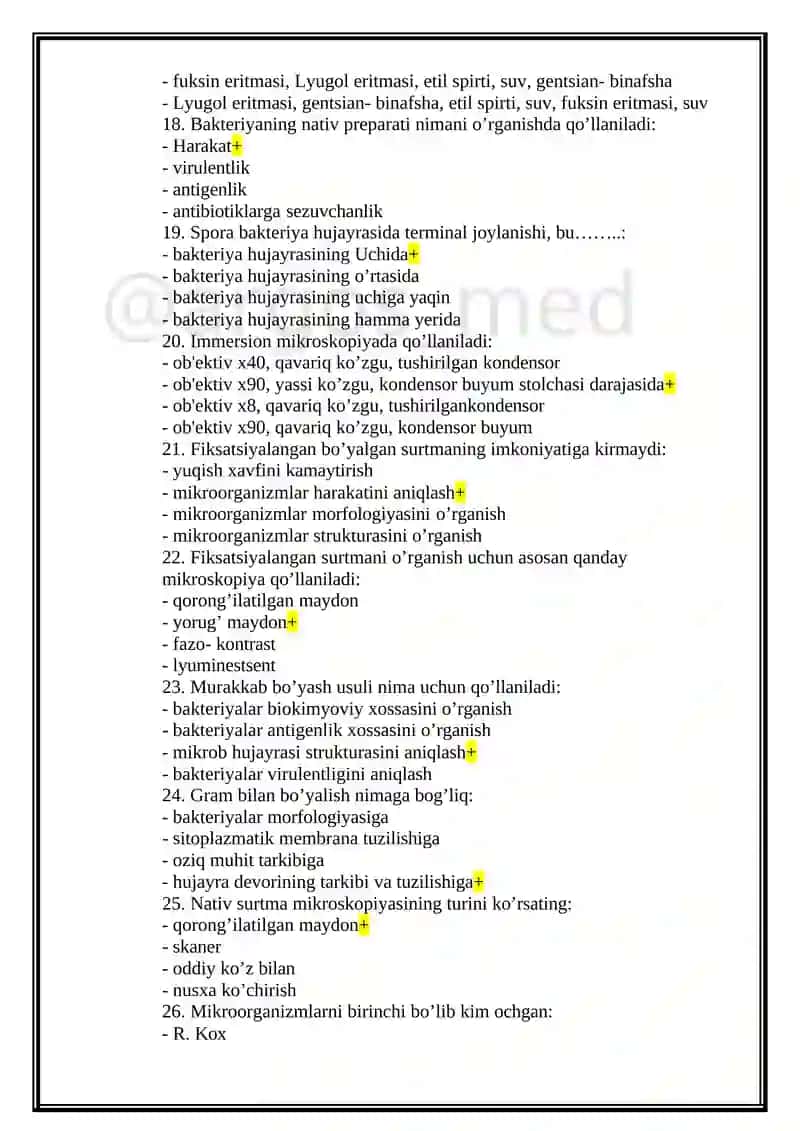 Sanepidqo'm laboratoriyalari laboranti (Bakteriologik) mutaxassisligi bo'yicha shakllantirilgan test savollari ro'yxati 3