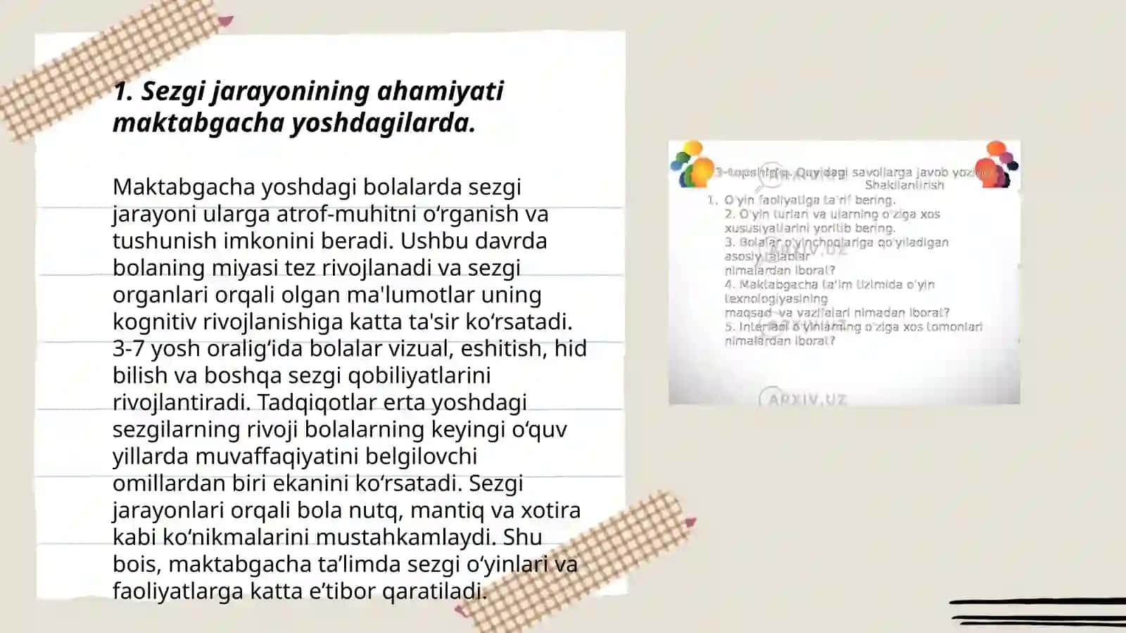 Maktabgacha yoshdagi bolalarda bilish jarayonlaridan sezgi,idrok, xotira, xayol, tafakkur, diqqat va nutqning rivojlanishi 3