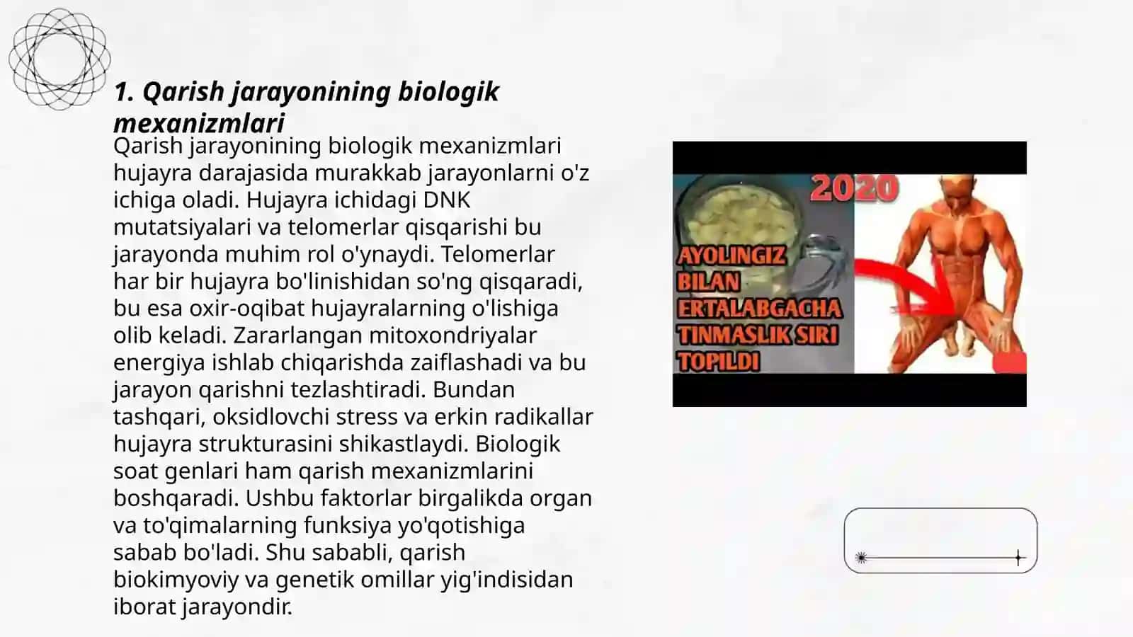 Qarishning biologik aspektlari. Uzoq umr ko'rish muammolari 3