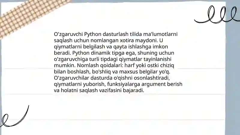 Python dasturlash tilida o’zgaruvchilar 3