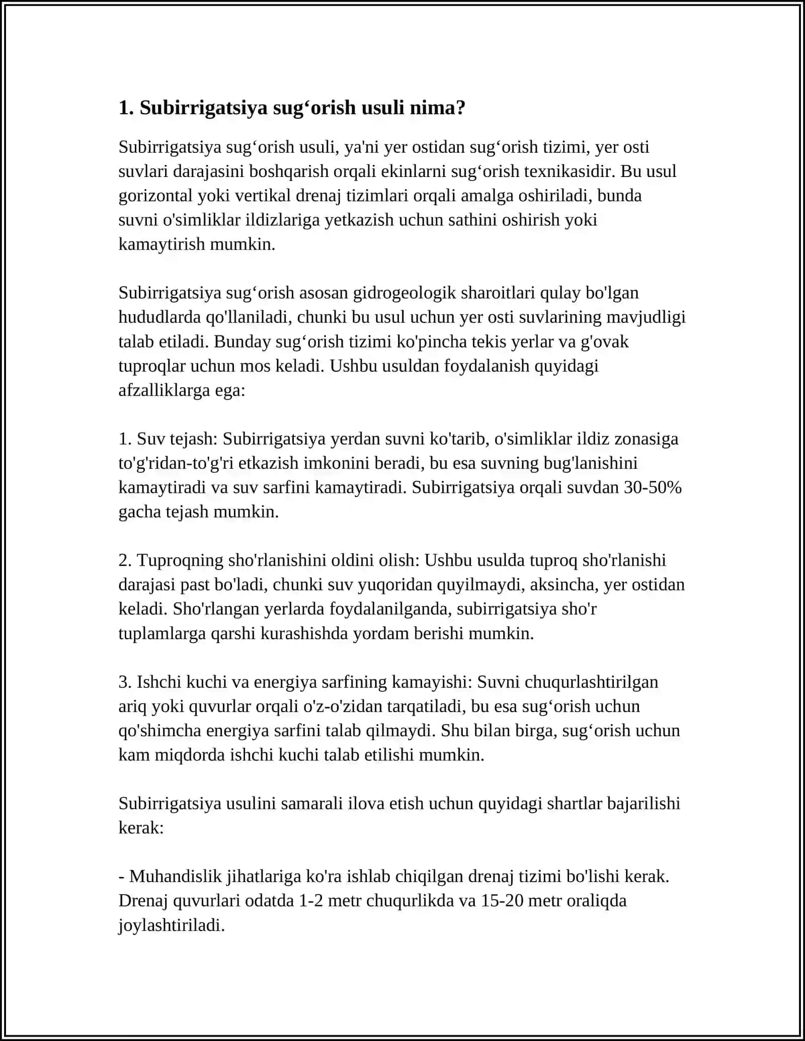 SUBIRRIGATSIYA SUGʻORISH USULI AFZALLIKLARI VA KAMCHILIGI 3