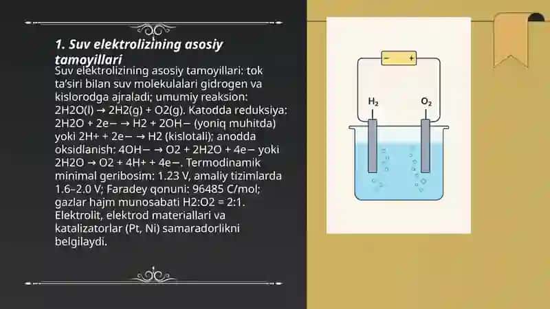 Suvni elektr toʻki yordamida vodorod va kislorodga ajratish 3