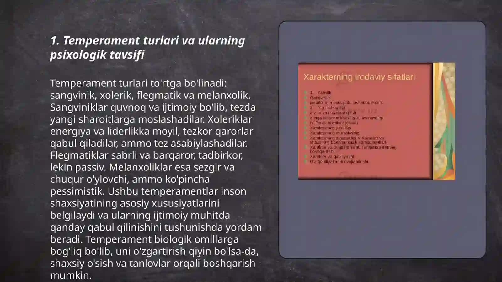 Shaxsning individual xususiyatlari. Temprament. Xarakter.Qobilyatlar va ularning diagnostikasiga doir metodikar taxlili 3