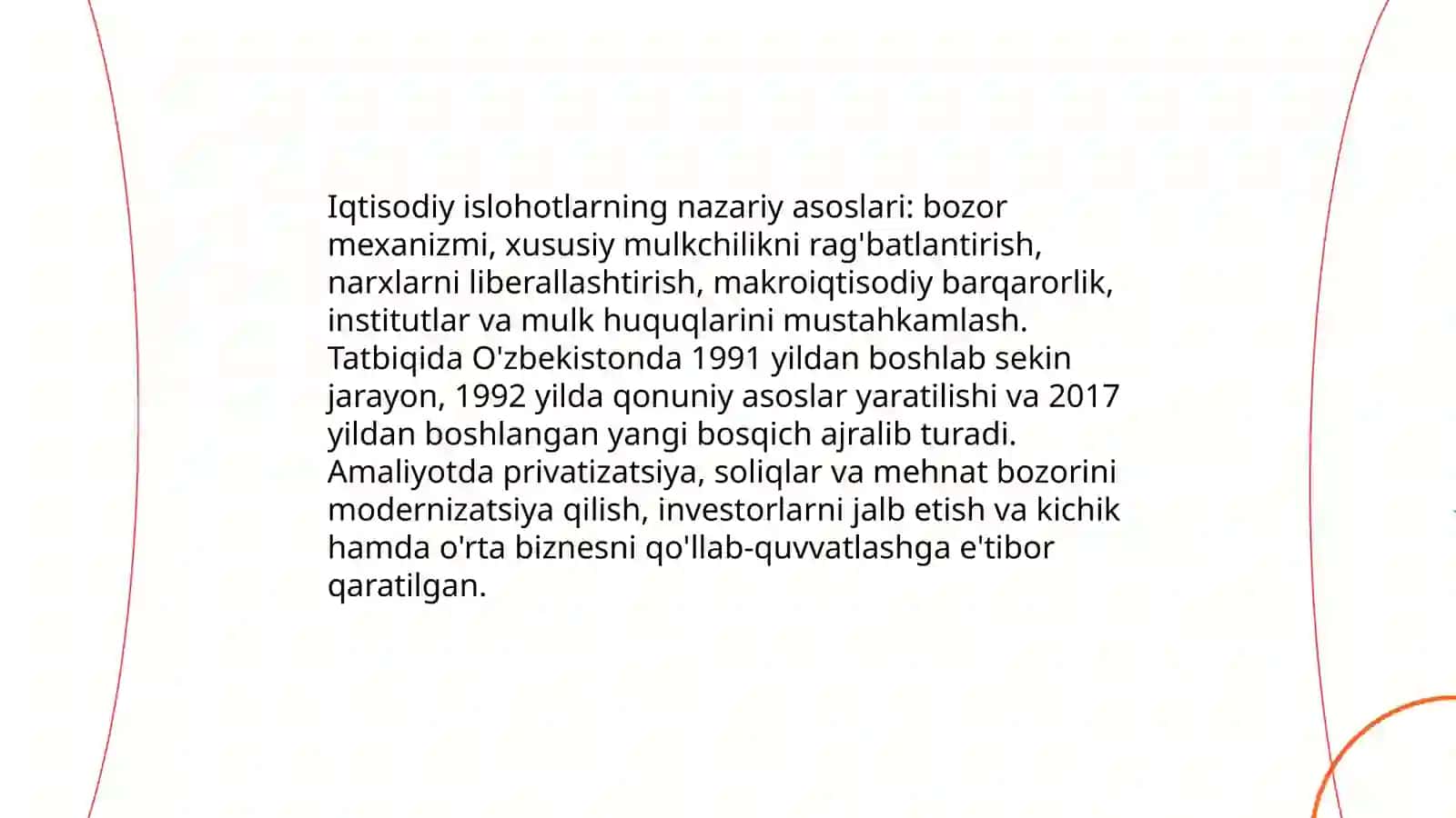Iqtisodiy islohotlar,xususiy mulkchilikning shakinlanishi va Ozbekistonda bozor munosabatlarining rivojlanishi 3