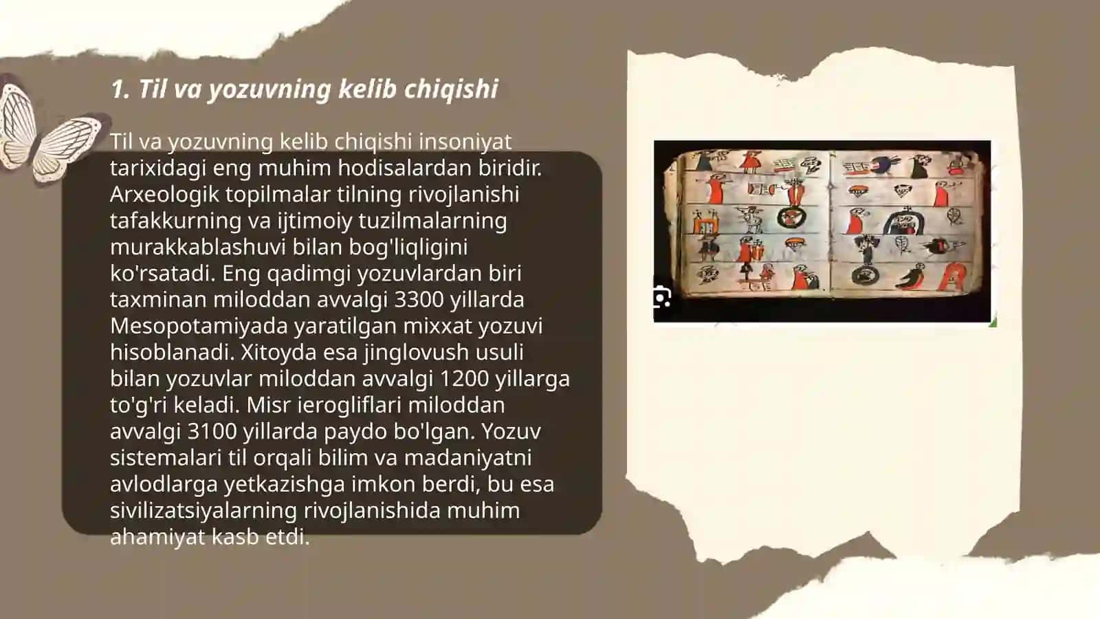 Til va yozuv, ularning padyo bõlishi haqidagi farazlar va ularning(piktografik,piktogramma,ideografik-logografik,ieroglifik,fonografik,silabik yozuv,stenografiya,transkripsiya)shakllari 3