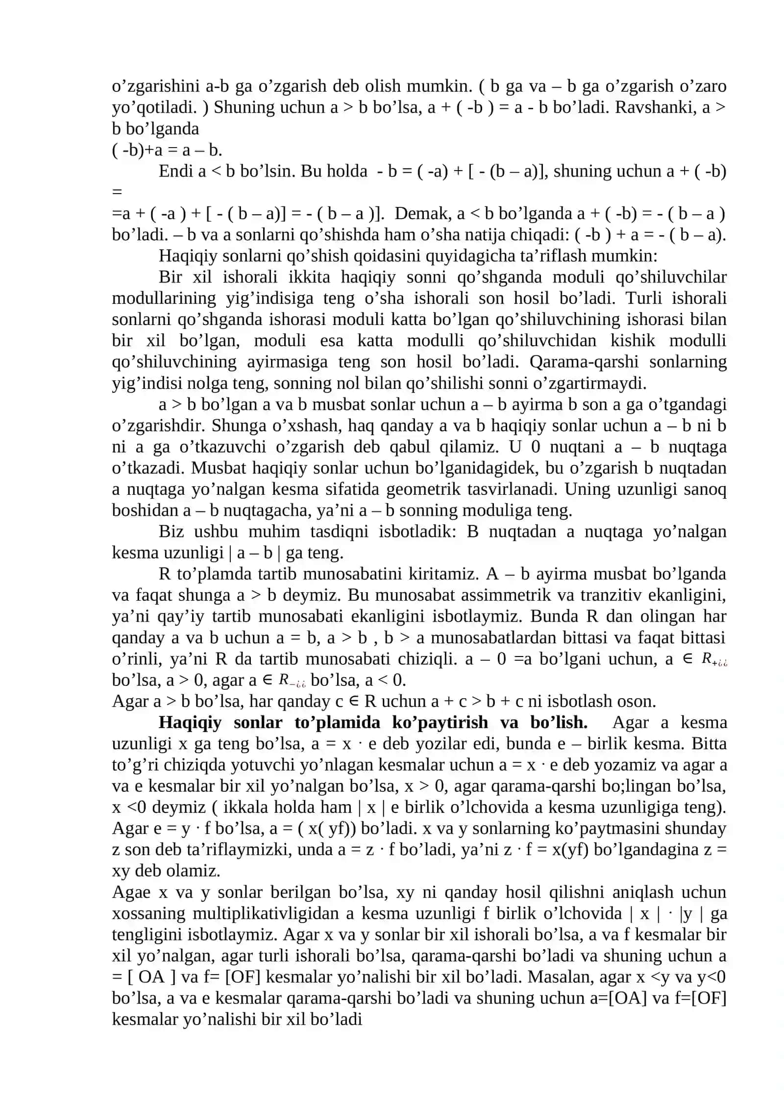 Haqiqiy sonlar. Irrasional son tushunchasi. Davriy bo‘lmagan cheksiz o‘nli kasr. Haqiqiy sonlar ustida arifmetik amallar. Qo‘shish qonunlari. Haqiqiy sonlar to‘plamining xossalari. Ko‘paytirish qonunlari 3