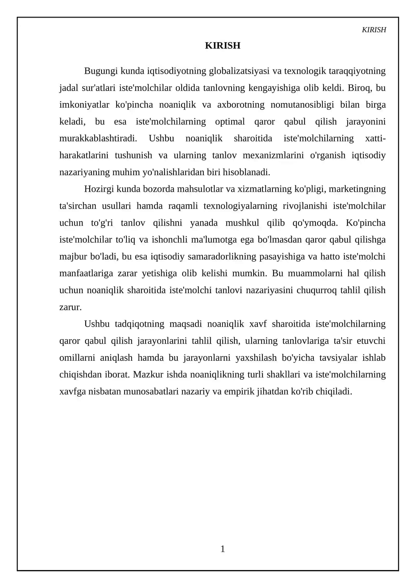 Noaniqlik xavf sharoitida iste'molchi tanlovi 3