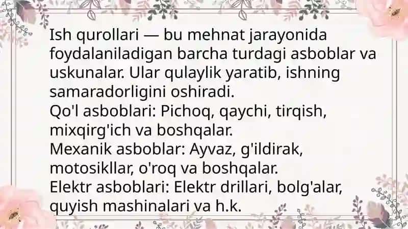 Boshlangich sinf texnologiya darslarida amaliy ish turlari. Ish qurollaridan foydalanishda texnika xavfsizligi qoidalari 3