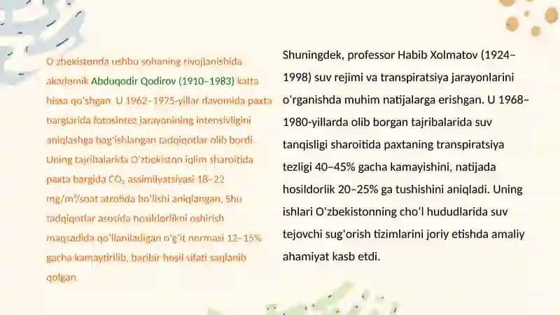 Oʻsimliklar fiziologiyasiga hissa qoʻshgan oʻzbek olimlarini olib borgan ilmiy tadqiqot ishlari 3
