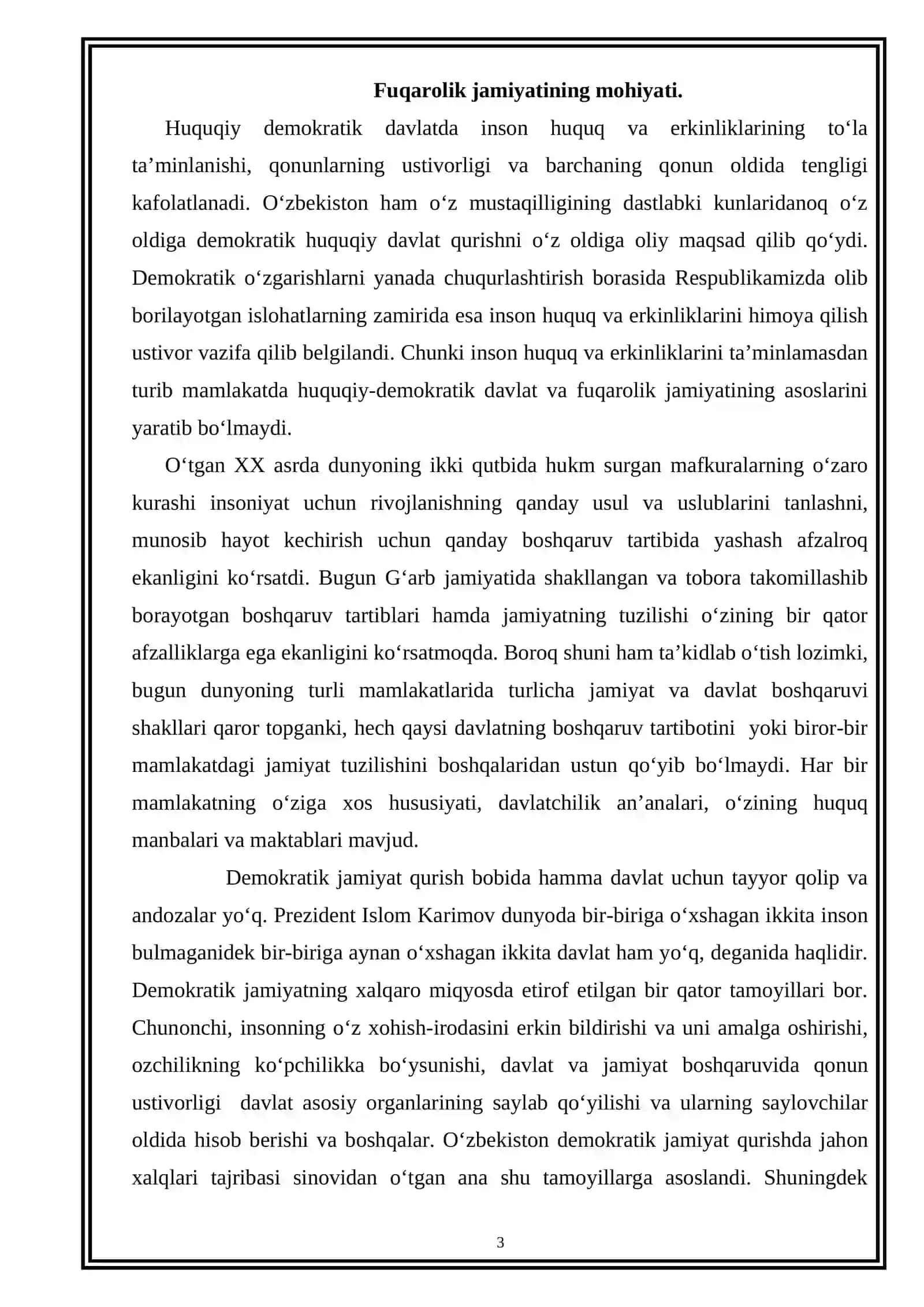 “O‘ZBEKISTON RESPUBLIKASI PREZIDENTI KARIMOV I.A. ASARLARIDA FUQAROLIK JAMIYATINI SHAKLLANTIRISH MASALALARI” MAVZUSIDAGI KURS ISHI 3