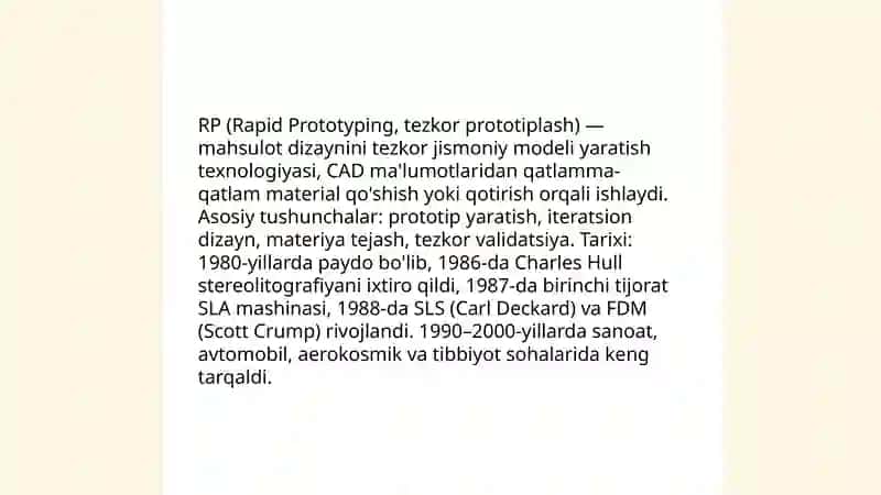 RP (Rapid Prototyping, tezkor prototiplash) 3