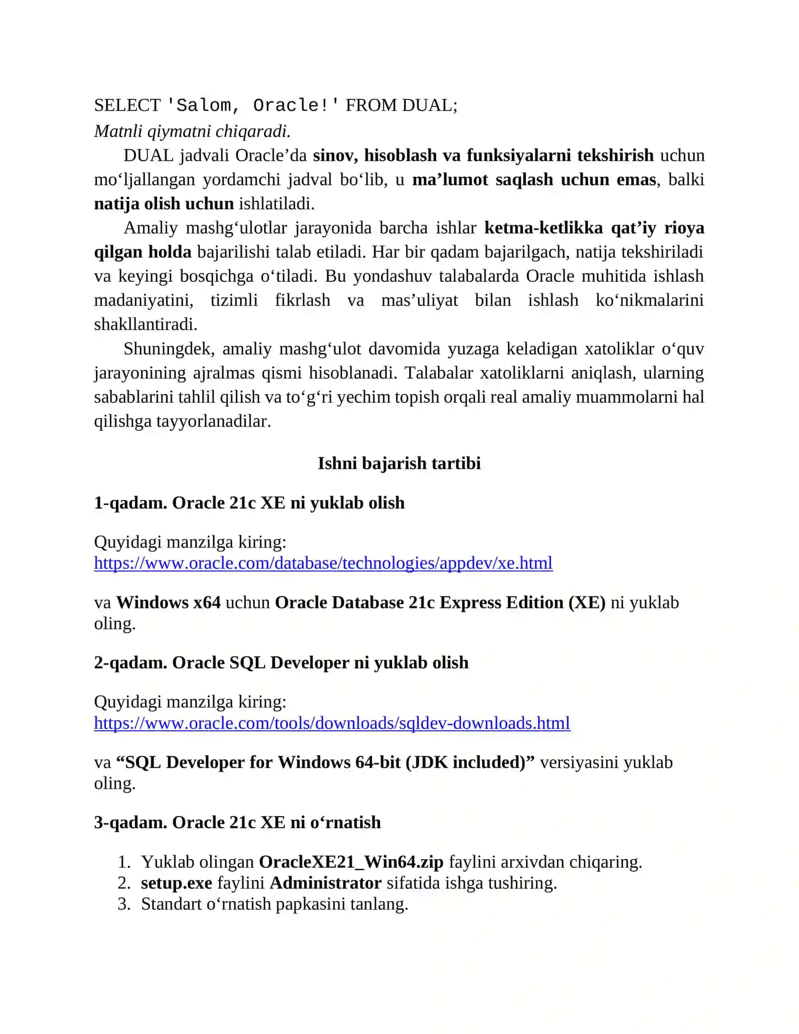 Oracle (PostgreSQL, Microsoft SQL Server yoki MySQL) MBBTni o‘rnatish va sozlash, qo‘shimcha ma’lumotlar bazasi dasturlarini o‘rnatish va sozlash 3