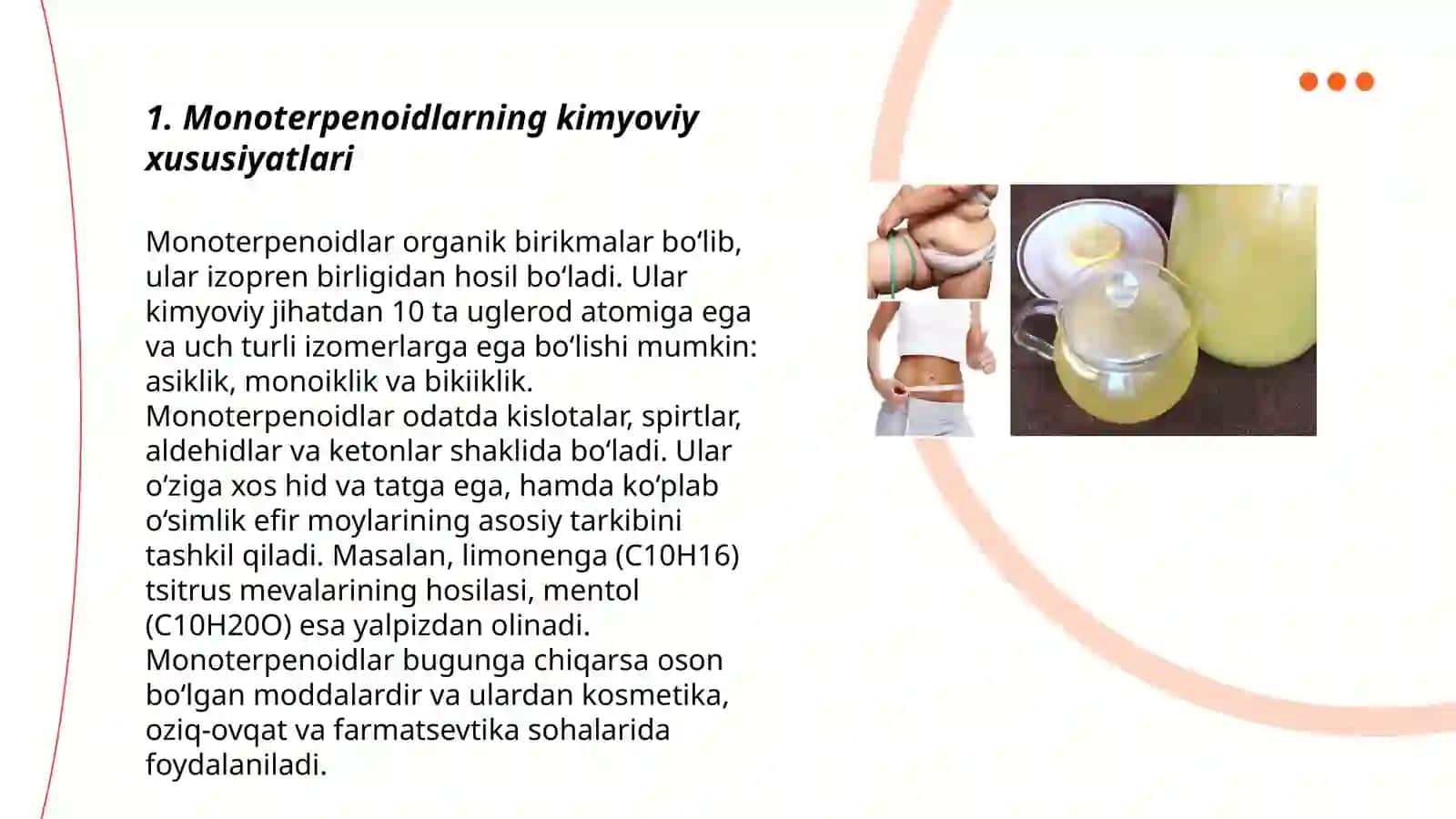 Tarkibida asosan atsiklik va alifatik monoterpenoidlarni saqlovchi dorivor oʻsimliklar va dorivor oʻsimliklar xom ashyolari 3