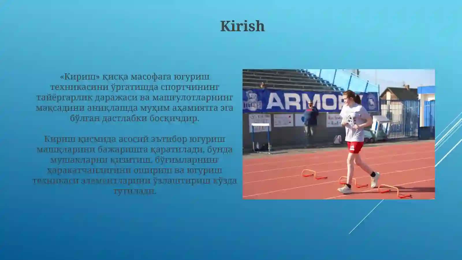 Yengil atletika: Qisqa masofaga yugurish texnikasini o'rgatish(60 100 metr) 3