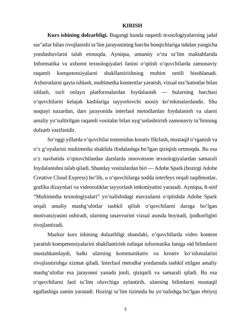 Umumiy orta talim maktablarining 8-sinfida Informatika va AT fanidan “Adobe Spark dasturida yangi video yaratish” mavzusini o‘qitishda interfaol metodlardan foydalanish 3