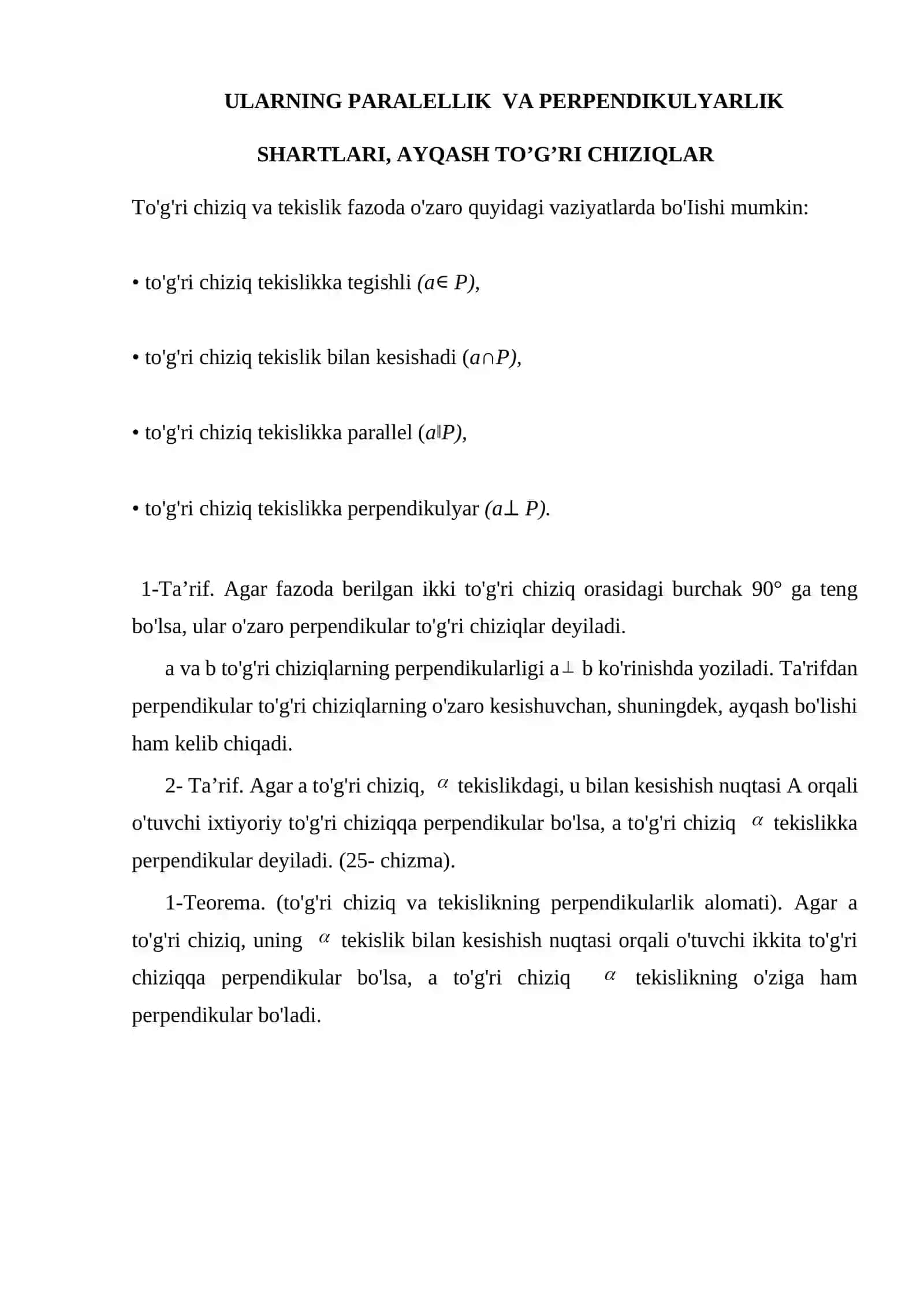 FAZODA TO'G'RI CHIZIQ BILAN TEKISLIKNING OʻZARO VAZIYATI 3