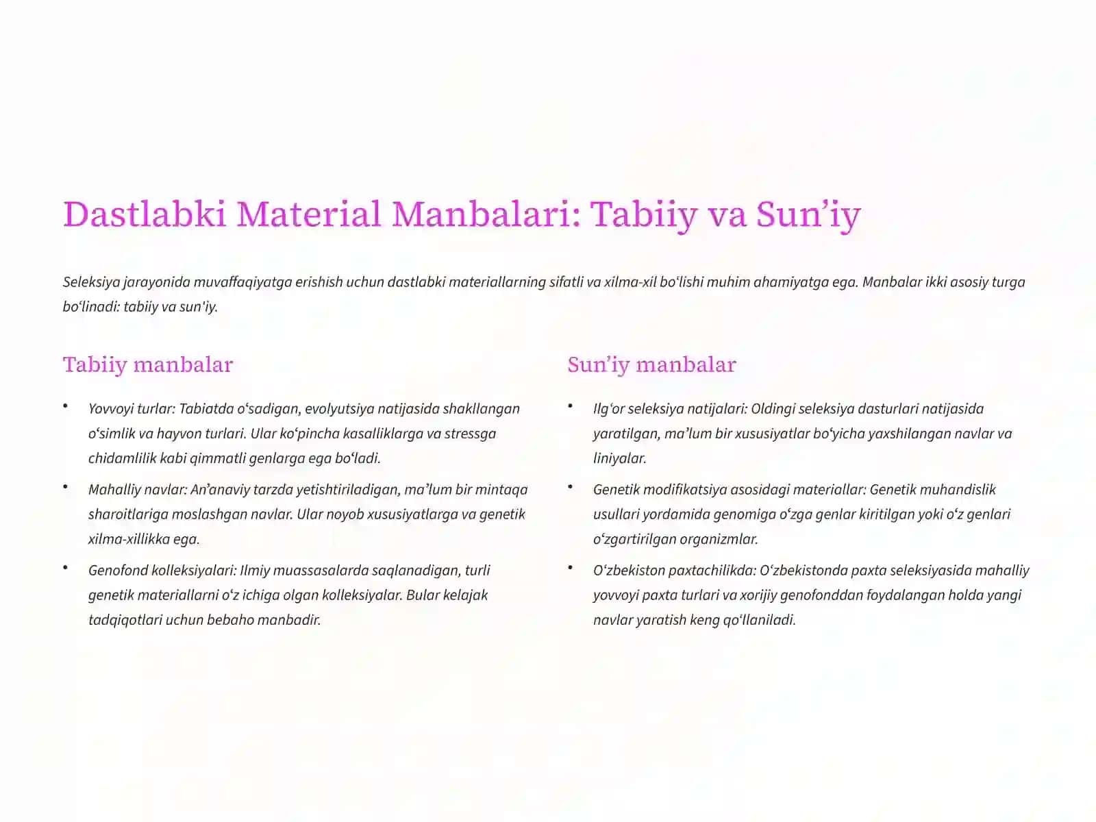 Seleksiya Jarayonining Umumiy Dastlabki Material Manbalari va Uni Yaratish Usullari 3
