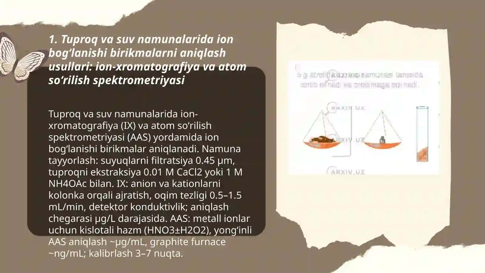 Tuproq va suvning ifloslanishida ion bogʻlanishi birikmalarini aniqlash usullari 3