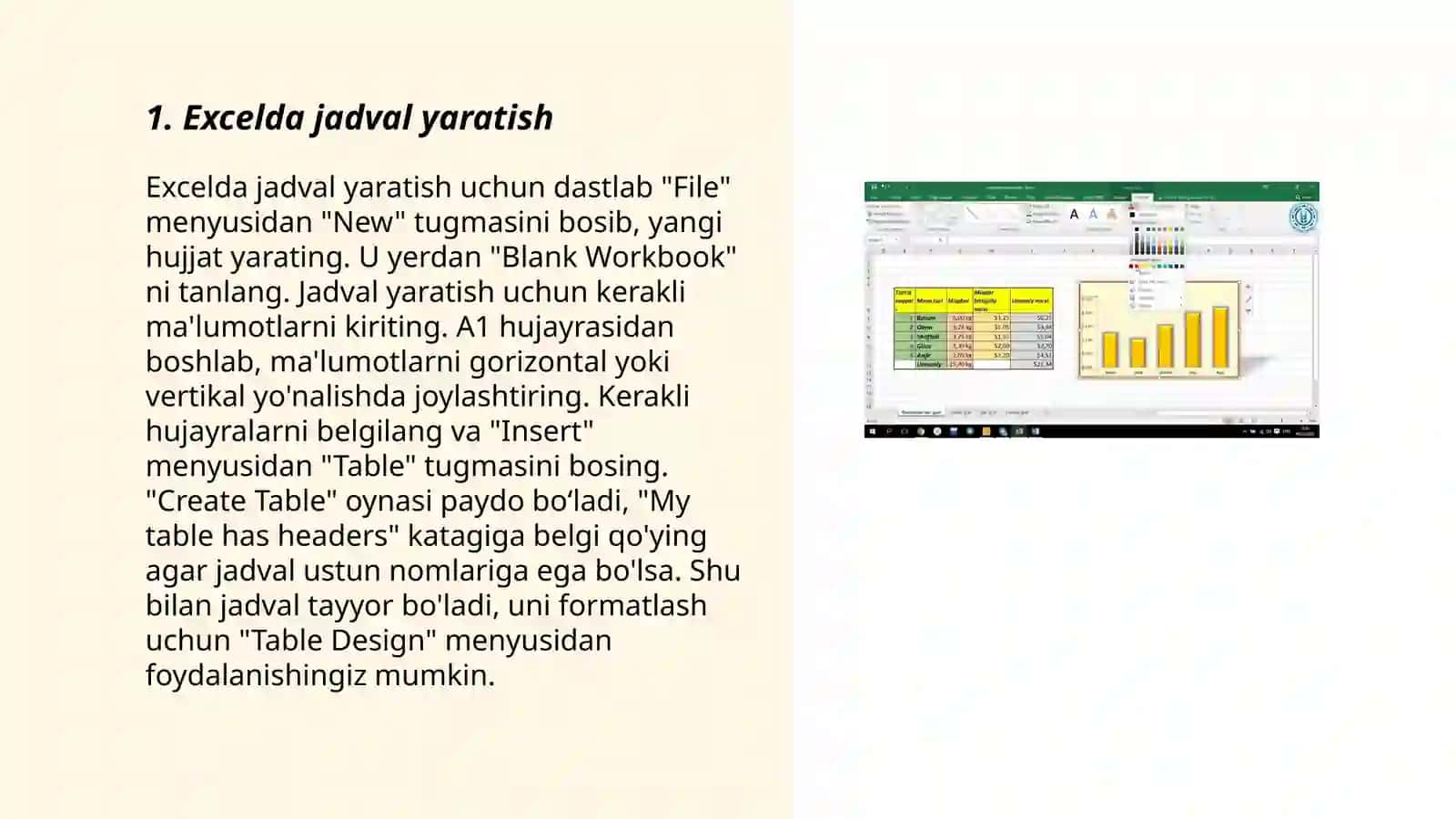Excelda jadval yaratish 3