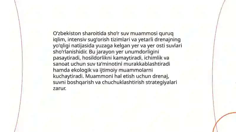 Oʻzbekiston Sharoitida sho'r suvlarni chuchuklashtirish goyasi mavzusida slayd 3