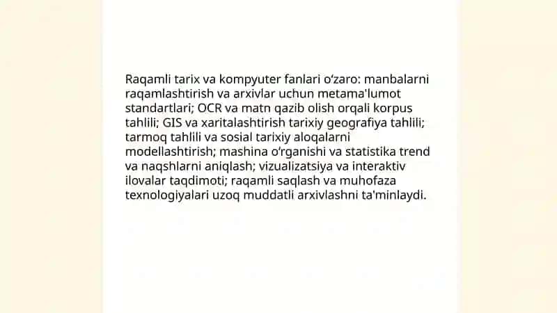 Raqamli tarix fanining boshqa fanlar bilan aloqadorligi." Tarix va kompyuter" faoliyati 3