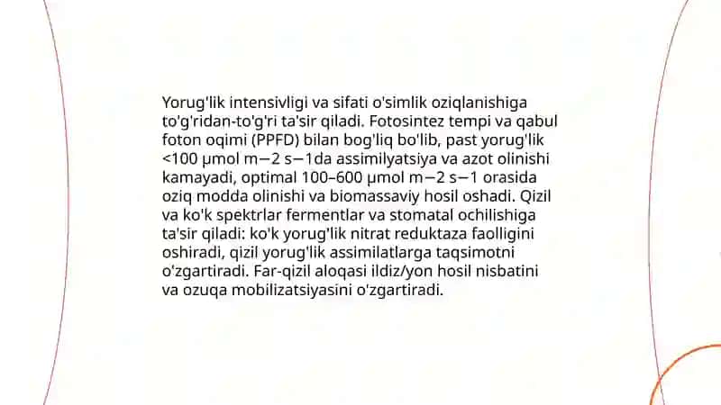 Yorug'lik intensivligi va sifati o'simlik oziqlanishiga ta'siri 3