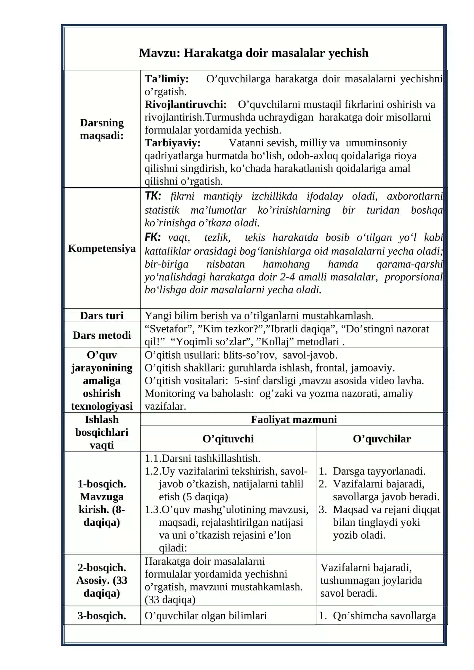 5-sinf Matematika fanidan Harakatga doir masalalar yechish ochiq dars ishlanma 3
