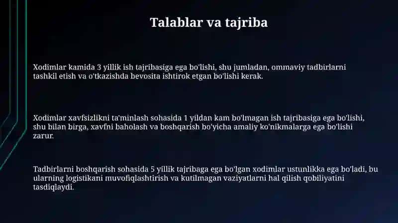 Ommaviy tabirlarni o'tkazishda xizmat kursatuvchi personal malakasi 3