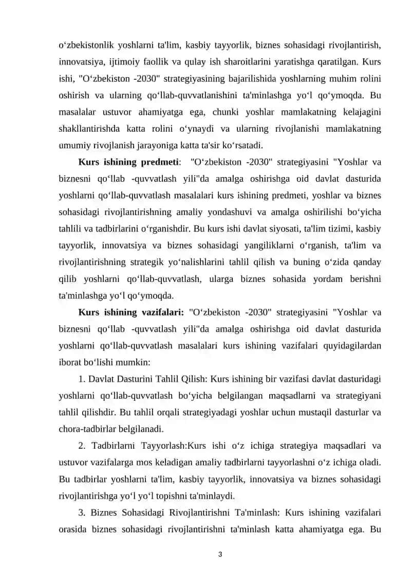 “O‘zbekiston -2030” strategiyasini "Yoshlar va biznesni qo‘llab -quvvatlash yili"da amalga oshirishga oid davlat dasturida yoshlarni 3