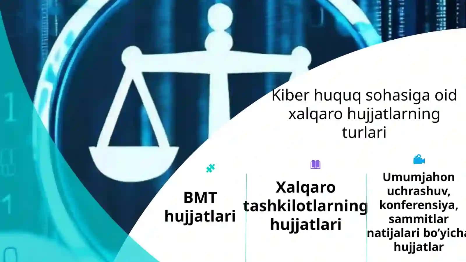 Kiber huquq va internet huquqining xalqaro va milliy miqyosda shakllanish asoslari. “Blokcheyn” va “data mining” haqida tushuncha. 3