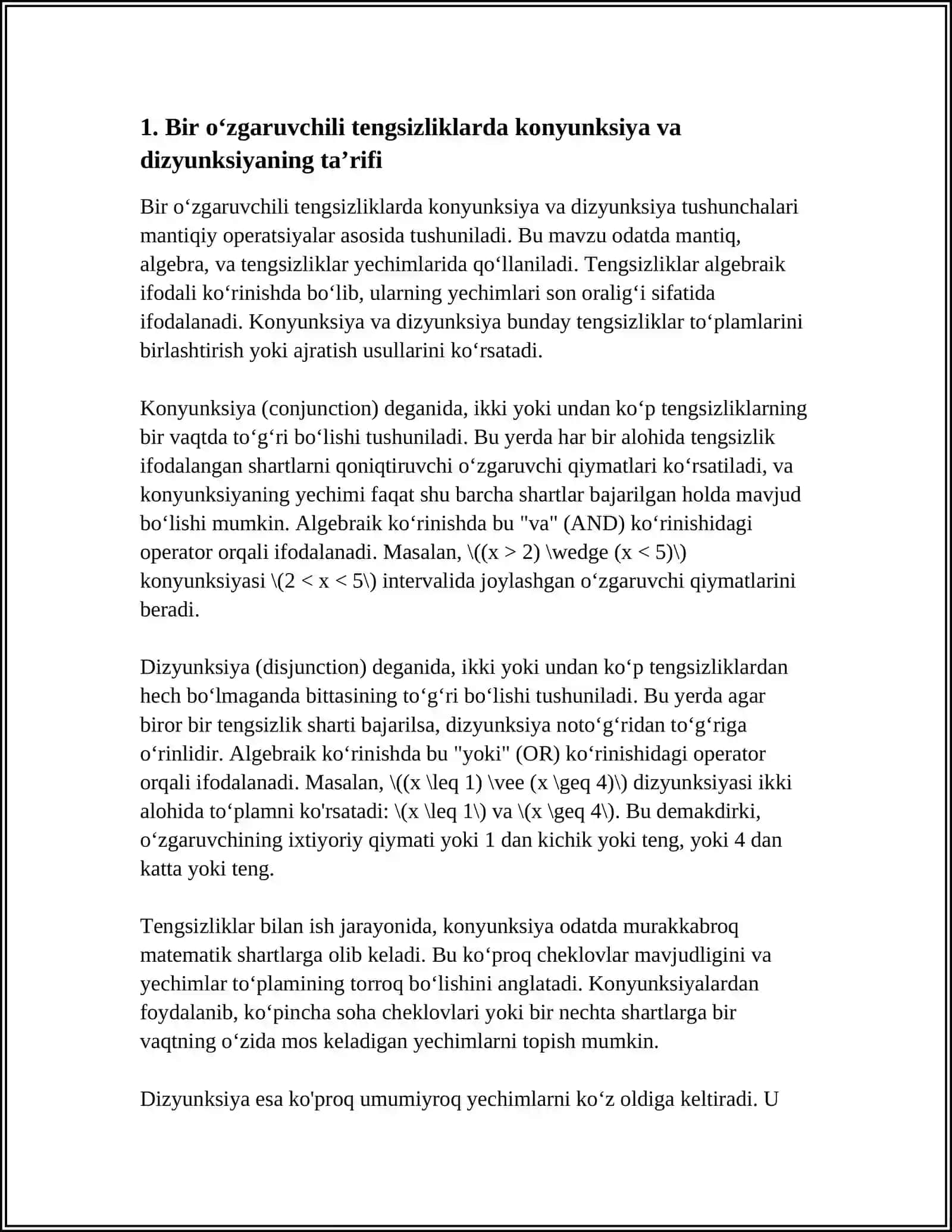 BIR OʻZGARUVCHILI TENGSIZLIKLARNING KONYUNKSIYASI VA DIZYUNKSIYASI 3