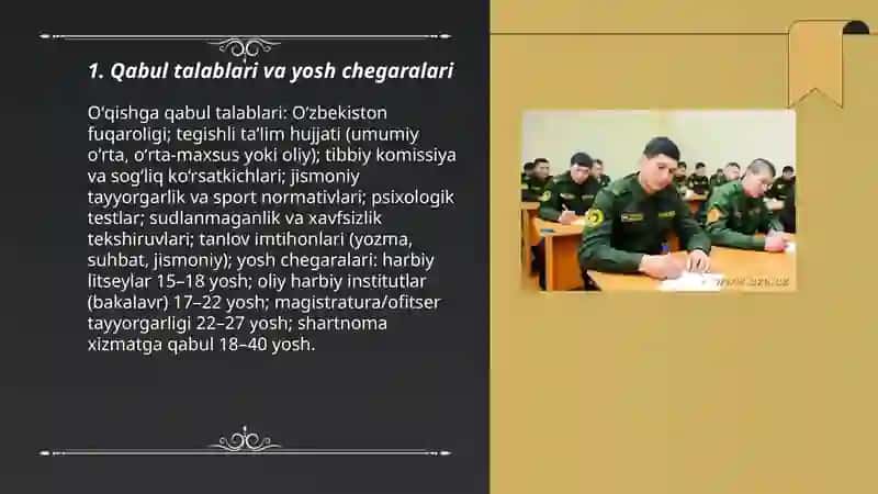 Harbiy talim muassasalariga oʻqishga kirishga va harbiy xizmatga tayyorgarlik 3