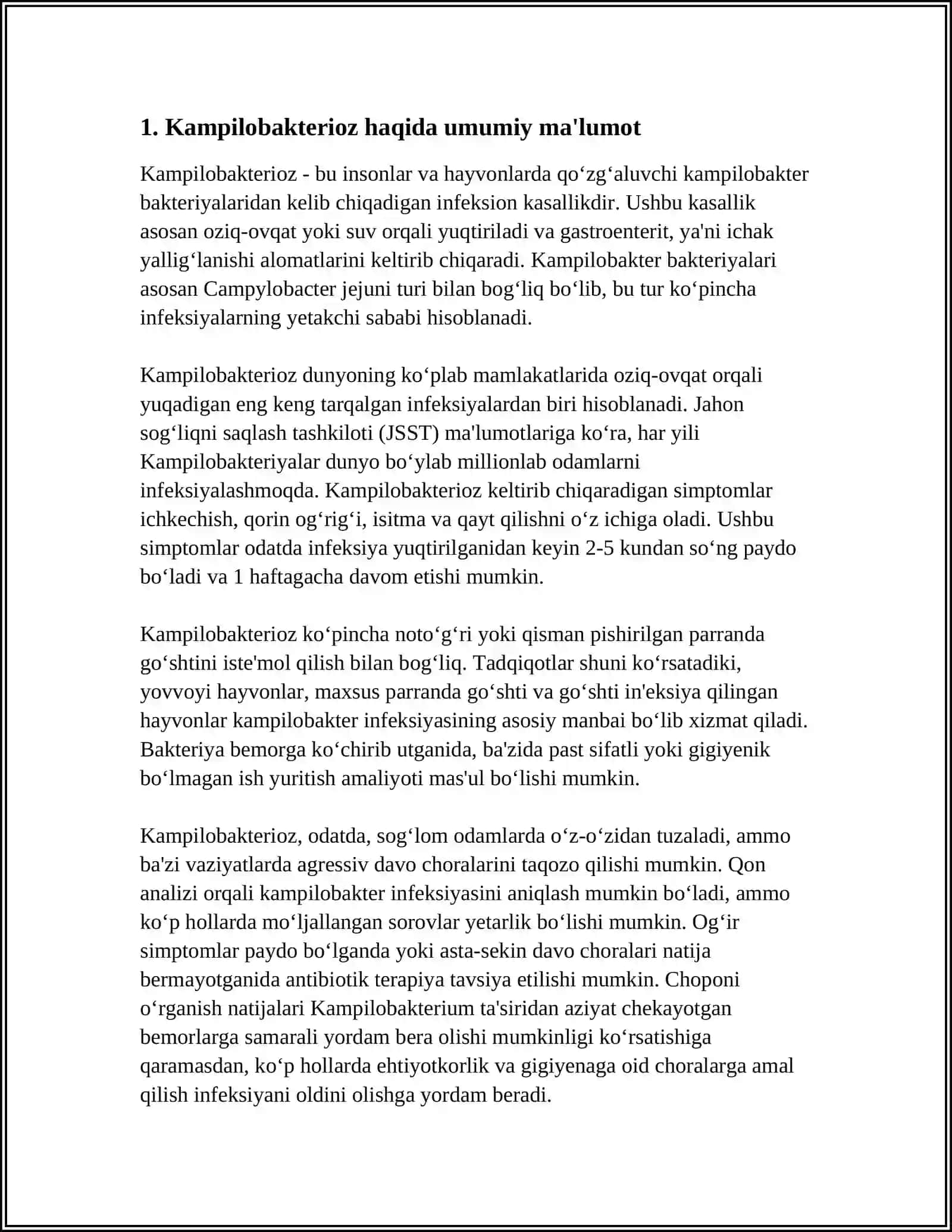 MUSTAQIL ISH Mavzu: KAMPILOBAKTERIOZ ETIOLOGIYA EPIDEMIOLOGIYA KLINIKASI DIAGNOSTIKA DAVOLASH 3