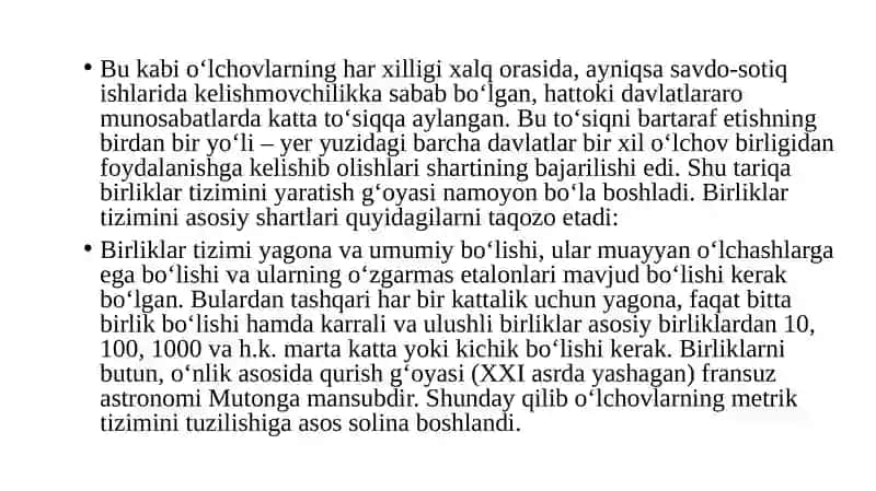 Xalqaro birliklar tizimi SI-sistemasini oʻrganish. “Metrologiya” toʻgʻrisidagi Oʻzbekiston respublikasining qonuni 3