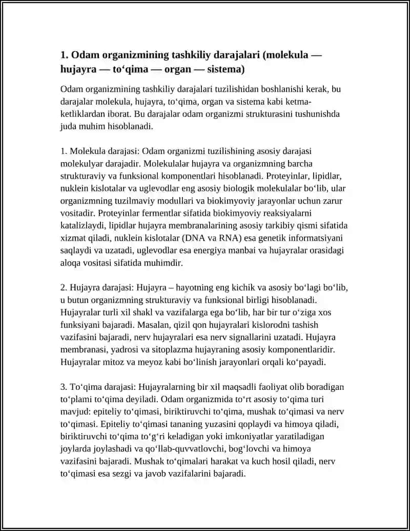 ODAM ORGANIZMINING TUZILISHI, HUJAYRA, TO‘QIMA, ORGANLAR VA SISTEMALAR HAQIDA UMUMIY TUSHUNCHA 3