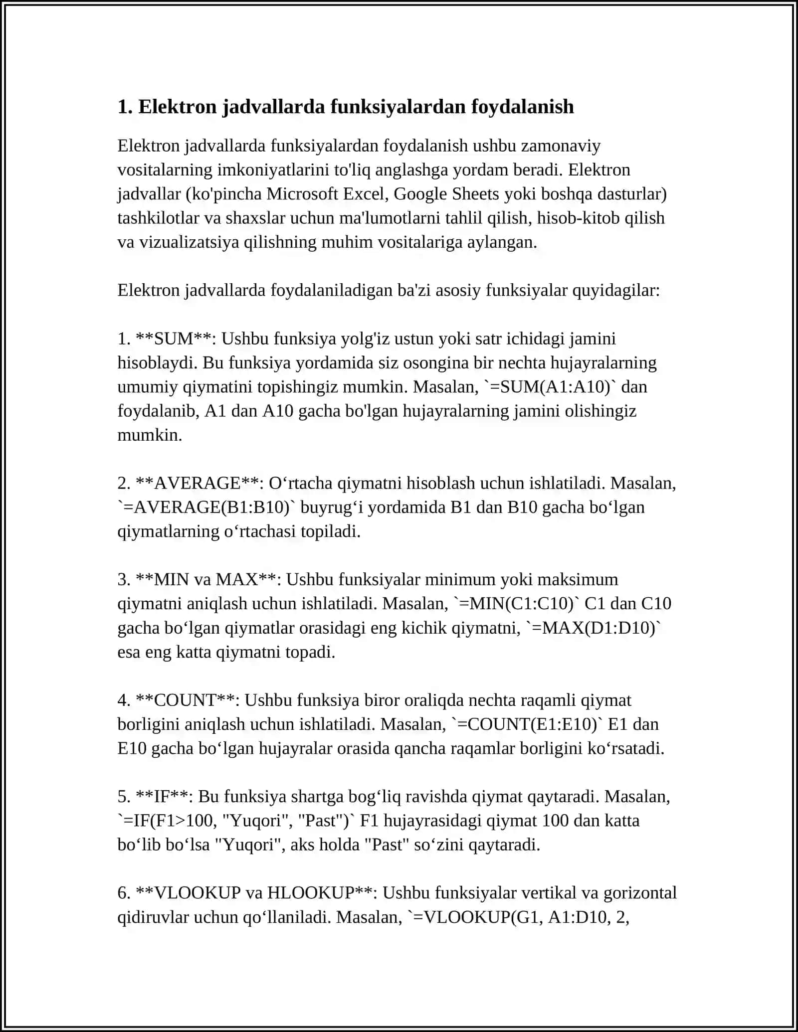 MUTAXASSISLIKKA OID MASALALARNI ELEKTRON JADVALDA ЕCHISHDA FUNKSIYA, FORMULALARDAN FOYDALANISH. FILTRLAR BILAN ISHLASH. YAKUNIY NATIJALAR OLISH VA HISOBOT SHAKLIDA TAYYORLASH 3