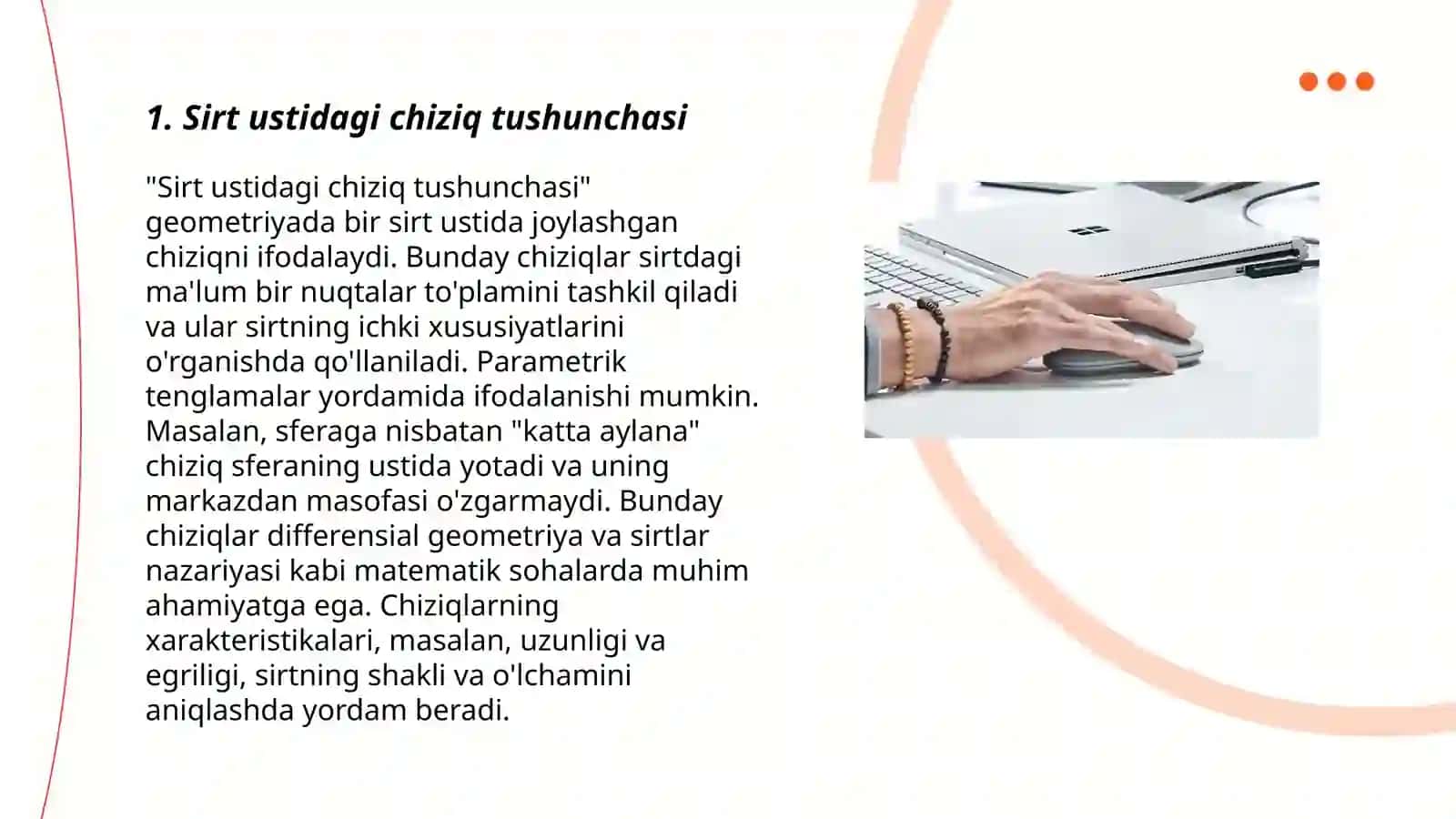 Sirt ustidagi chiziqning yoyuzunligini topishga misollar 3