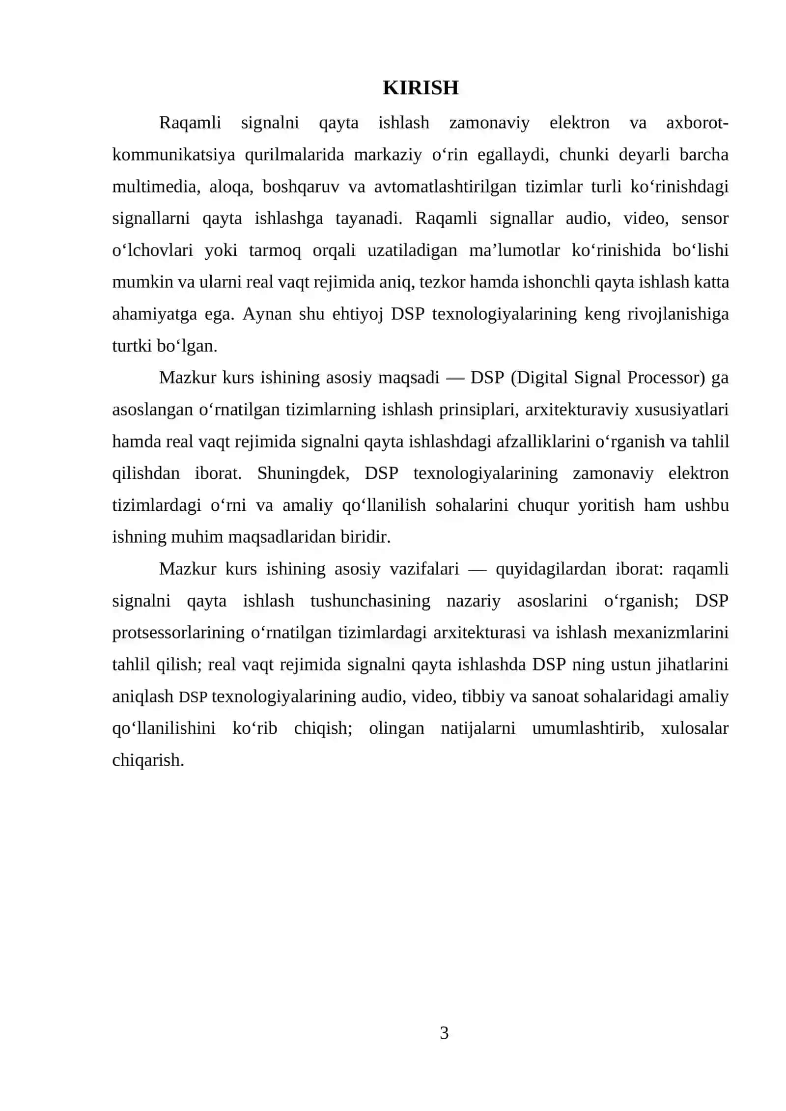 DSP ga asoslangan o'rnatilgan tizimlar mavzusidagi KURS ISHI 3