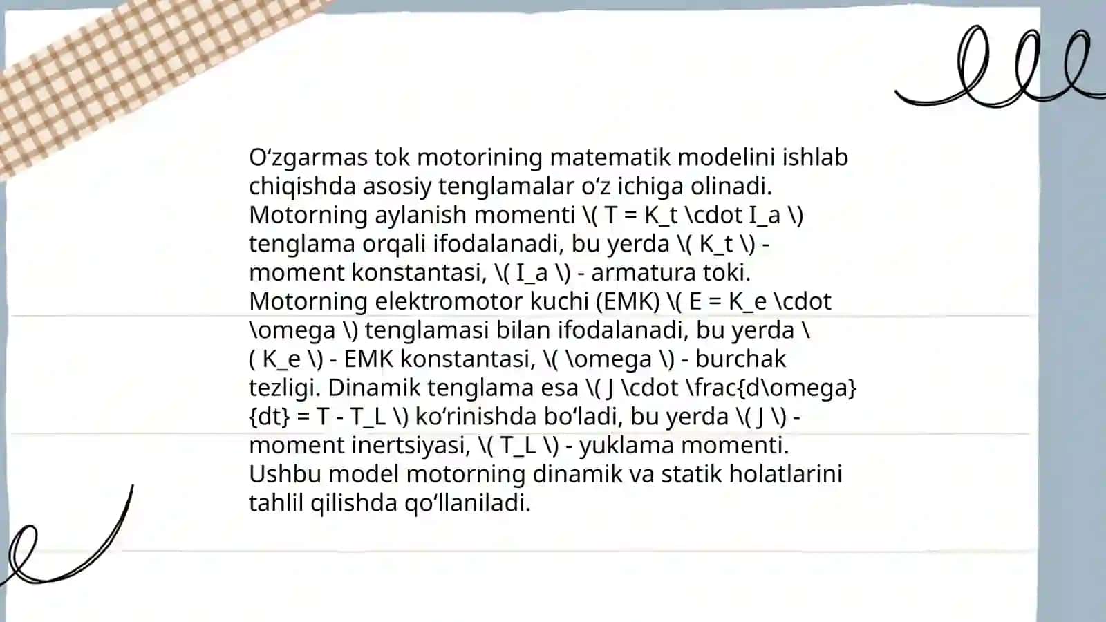 O‘zgarmas tok motorining matematik modeli 3