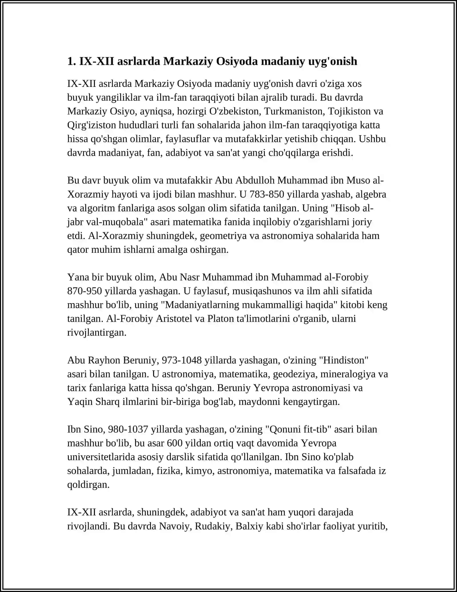 IX-XII ASRLARDA MAMLAKATIMIZ HUDUDIDA ROʻY BERGAN MADANIY UYGʻONISH (RENESSANS) BUYUK ALLOMALARNING JAHON SIVILIZATSIYASIGA QOʻSHGAN HISSASI 3