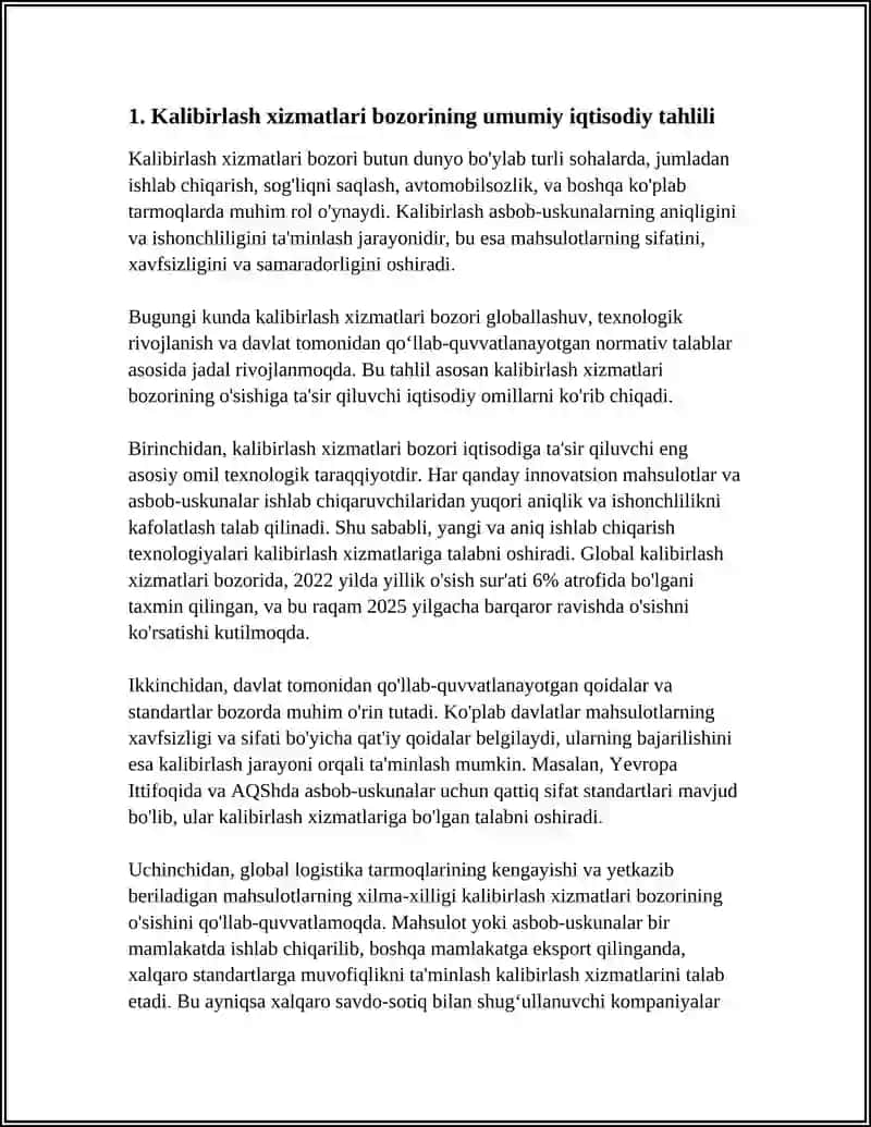 KALIBIRLASH XIZMATLARI BOZORINING IQTISODIY TAHLILI VA XALQARO RAQOBATBARDOSHLIGI 3