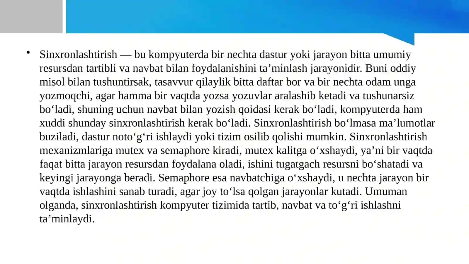 Sinxronlashtirish mexanizmlarini jarayonlarida 3