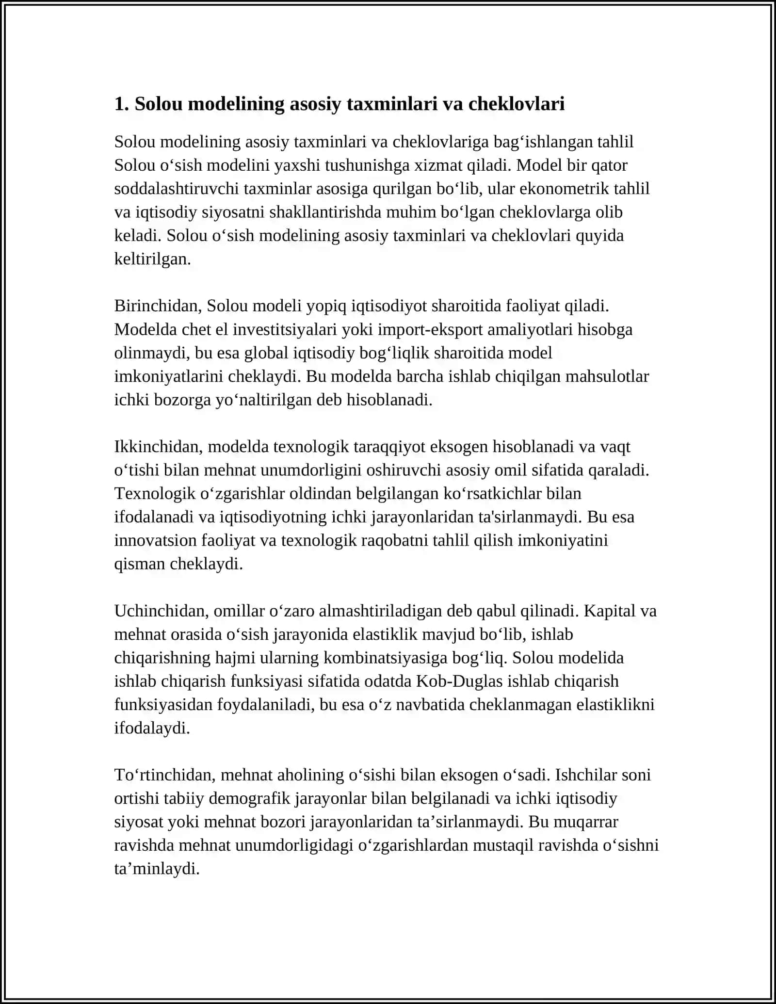 SOLOU OʻSISH MODELINING XUSUSIYATLARI VA BARQAROR HOLATI 3