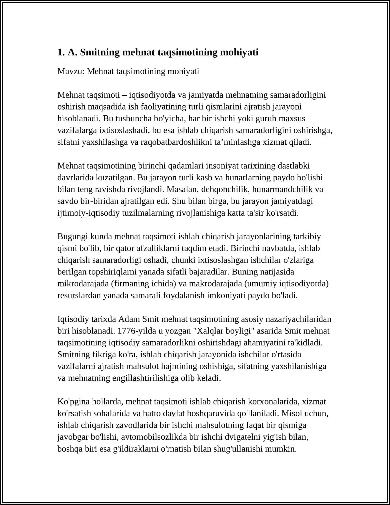 A.SMITNING MEHNAT TAQSIMOTI, SINFLAR, QIYMAT VA DAROMADLAR HAQIDAGI NAZARIY QOIDALARI 3